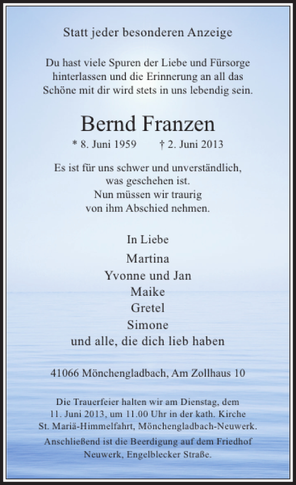  Traueranzeige für Bernd Franzen vom 05.06.2013 aus Rheinische Post
