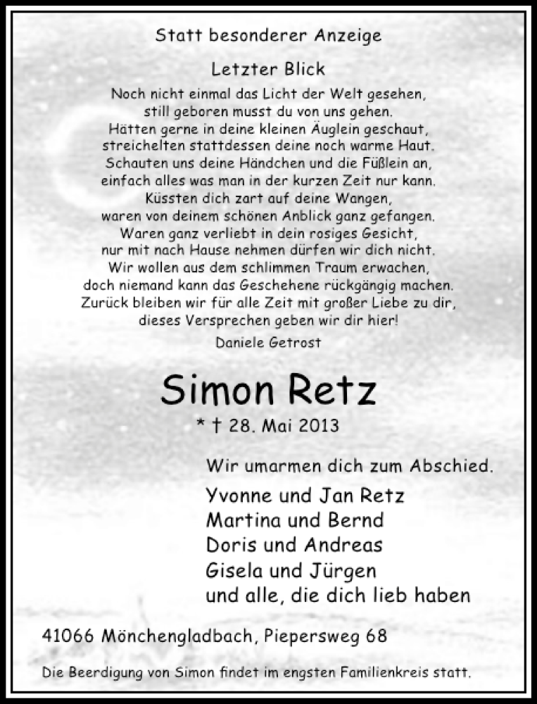  Traueranzeige für Simon Retz vom 05.06.2013 aus Rheinische Post