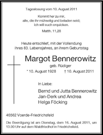 Traueranzeige von Margot Bennerowitz von Rheinische Post