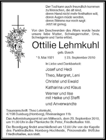 Traueranzeige von Ottilie Lehmkuhl von Rheinische Post
