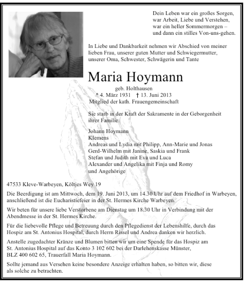  Traueranzeige für Maria Hoymann vom 15.06.2013 aus Rheinische Post