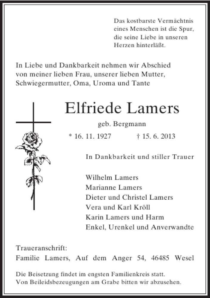  Traueranzeige für Elfriede Lamers vom 17.06.2013 aus Rheinische Post