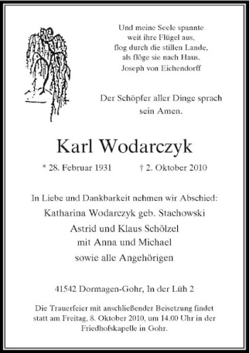 Traueranzeige von Karl Wodarczyk von Rheinische Post