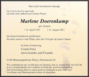 Traueranzeige von Marlene Doerenkamp von Rheinische Post