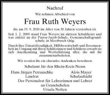 Traueranzeige von Frau Ruth Weyers von Rheinische Post