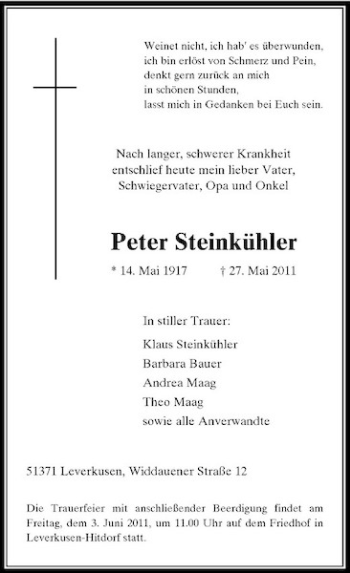 Traueranzeige von Peter Steinkühler von Rheinische Post