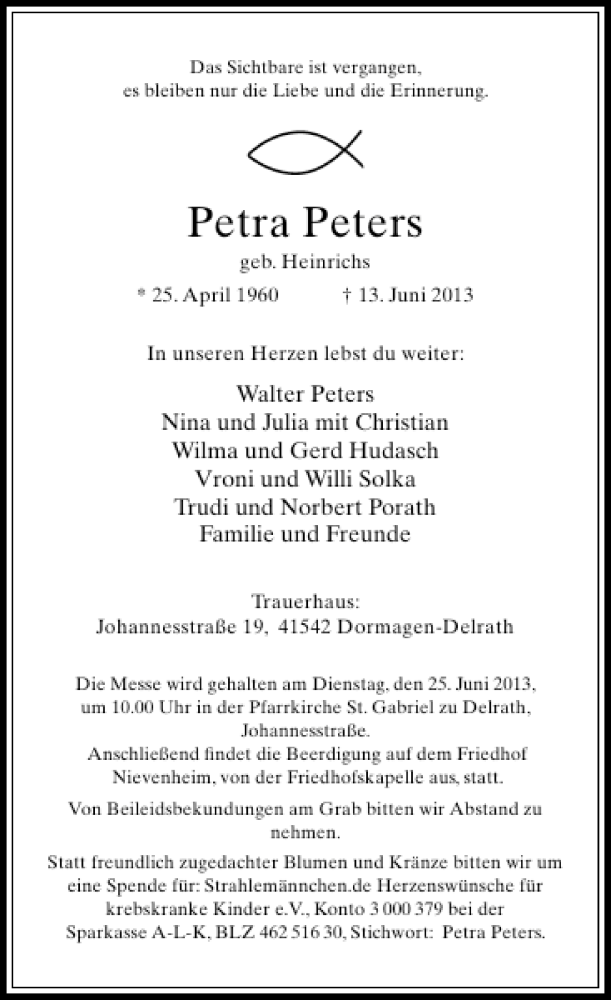  Traueranzeige für Petra Peters vom 20.06.2013 aus Rheinische Post