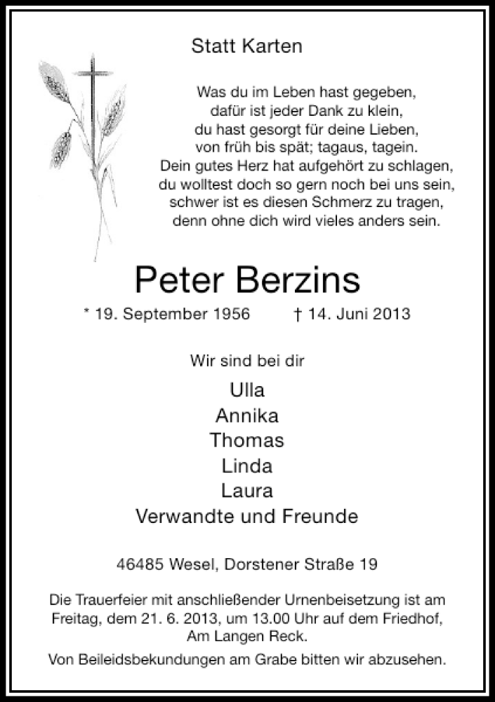  Traueranzeige für Peter Berzins vom 19.06.2013 aus Rheinische Post