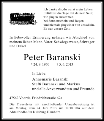 Traueranzeige von Peter Baranski von Rheinische Post