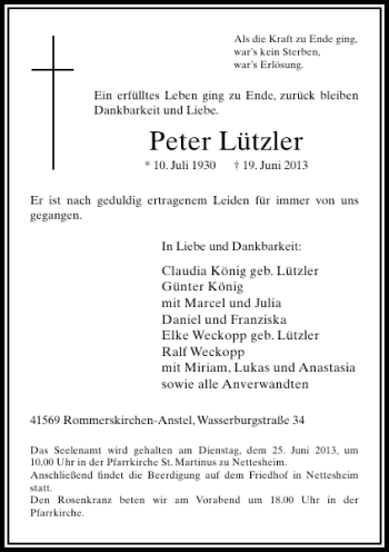 Traueranzeige von Peter LÜtzler von Rheinische Post