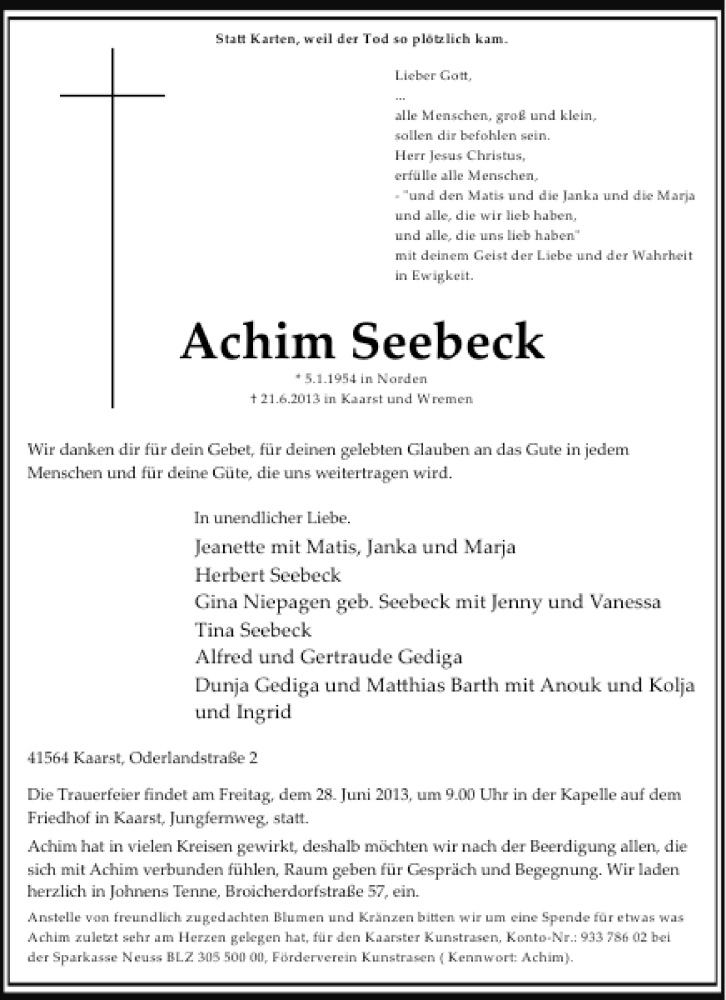  Traueranzeige für Joachim Seebeck vom 26.06.2013 aus Rheinische Post