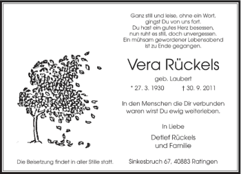 Traueranzeige von Vera Rückels von Rheinische Post