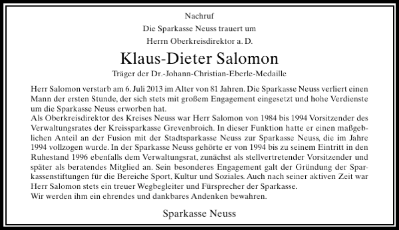  Traueranzeige für Klaus-Dieter Salomon vom 12.07.2013 aus Rheinische Post