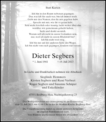 Traueranzeige von Dieter Segbers von Rheinische Post