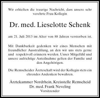 Traueranzeige von Dr. med. Lieselotte Schenk von Rheinische Post