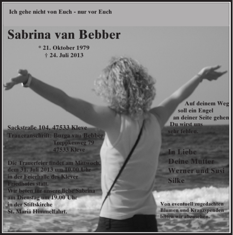  Traueranzeige für Sabrina van Bebber vom 29.07.2013 aus Rheinische Post