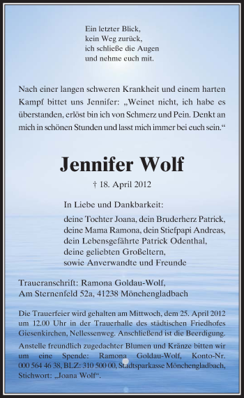 Traueranzeige von Jennifer Wolf von Rheinische Post