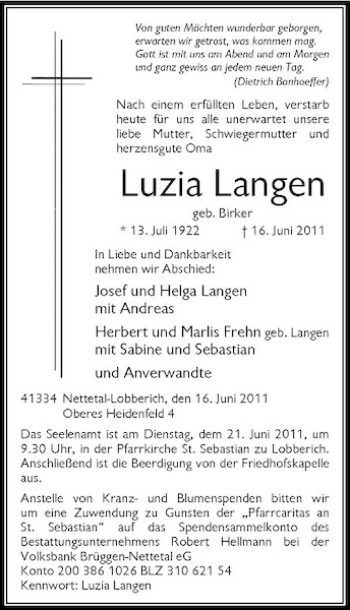 Traueranzeige von Luzia Langen von Rheinische Post