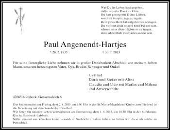 Traueranzeige von Paul Angenendt-Hartjes von Rheinische Post