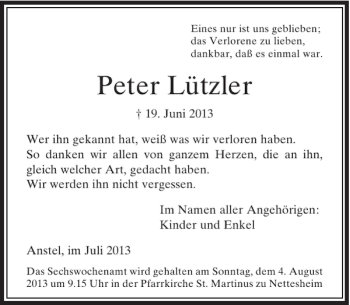 Traueranzeige von Peter Lützler von Rheinische Post