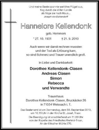 Traueranzeige von Hannelore Kellendonk von Rheinische Post