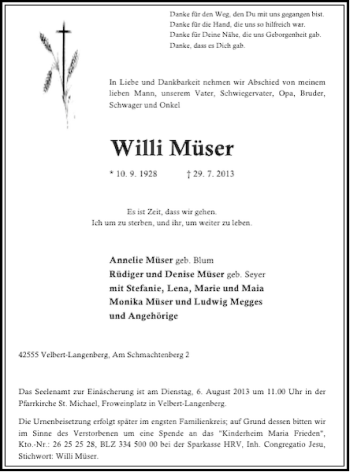 Traueranzeige von Willi Müser von Rheinische Post