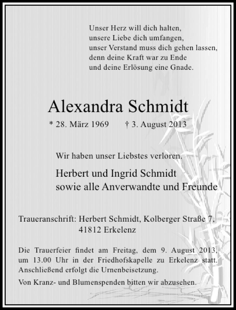  Traueranzeige für Alexandra Schmidt vom 06.08.2013 aus Rheinische Post