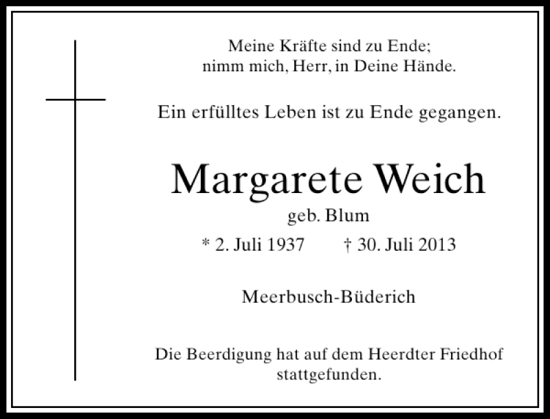  Traueranzeige für Margarete Weich vom 07.08.2013 aus Rheinische Post