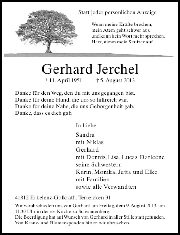  Traueranzeige für Gerhard Jerchel vom 07.08.2013 aus Rheinische Post