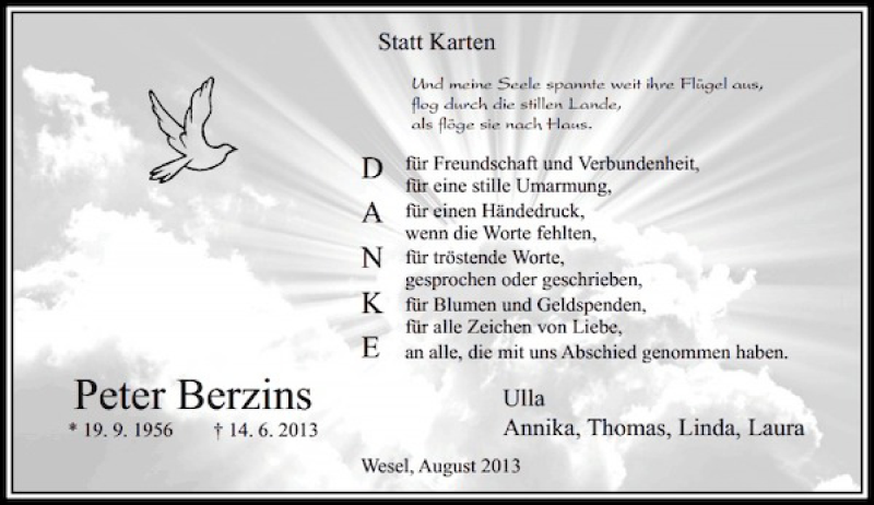  Traueranzeige für Peter Berzins vom 07.08.2013 aus Rheinische Post