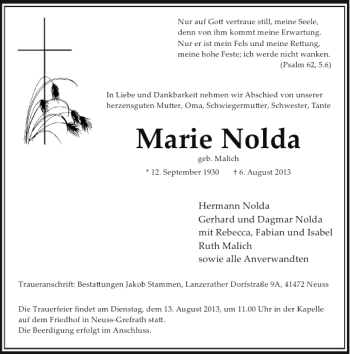 Alle Traueranzeigen Für Marie Nolda | Trauer.rp-online.de