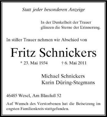 Traueranzeige von Fritz Schnickers von Rheinische Post