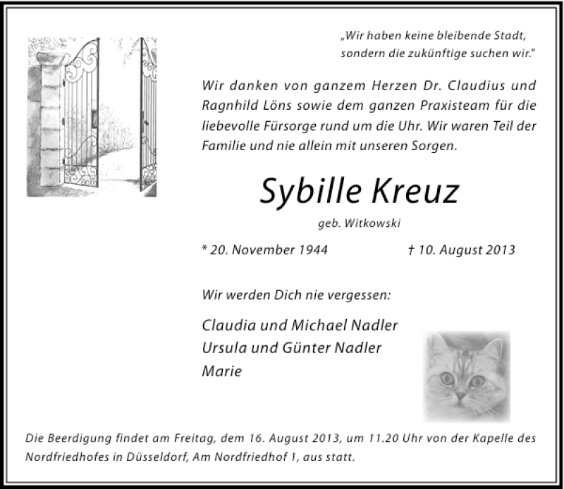  Traueranzeige für Sybille Kreuz vom 14.08.2013 aus Rheinische Post
