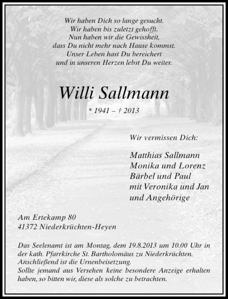  Traueranzeige für Willi Sallmann vom 15.08.2013 aus Rheinische Post