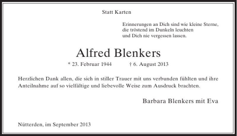  Traueranzeige für Alfred Blenkers vom 17.08.2013 aus Rheinische Post