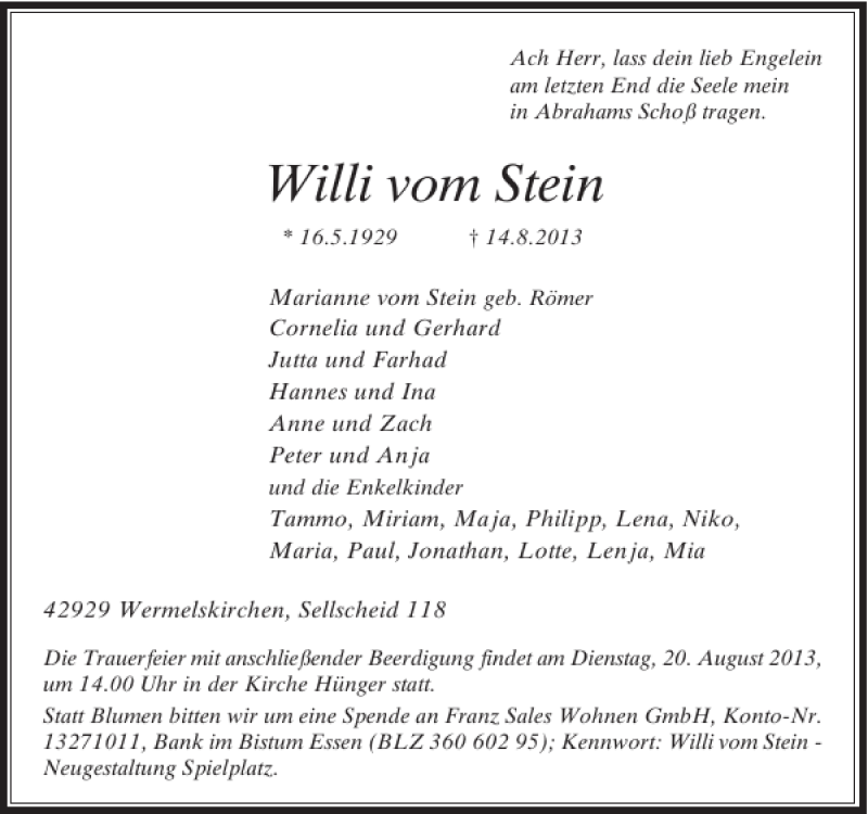  Traueranzeige für Willi vom Stein vom 16.08.2013 aus Rheinische Post