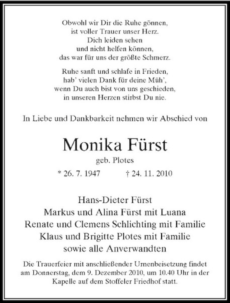 Alle Traueranzeigen Für Monika Fürst | Trauer.rp-online.de