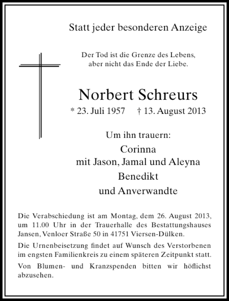  Traueranzeige für Norbert Schreurs vom 21.08.2013 aus Rheinische Post