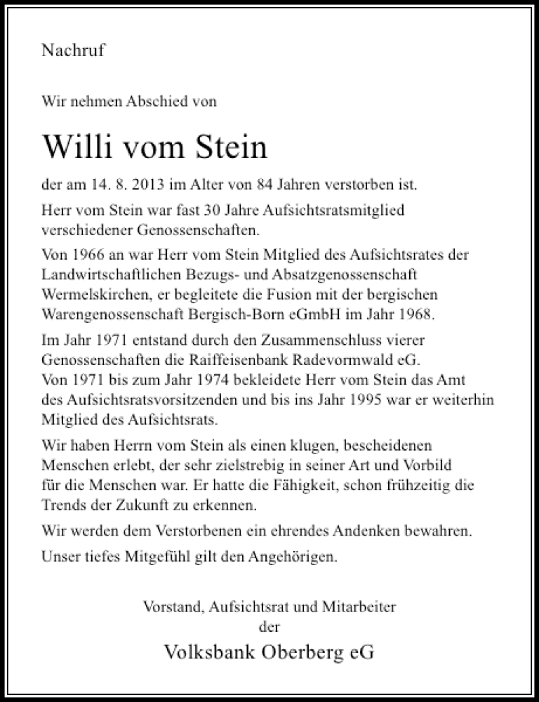  Traueranzeige für Willi Stein vom 22.08.2013 aus Rheinische Post