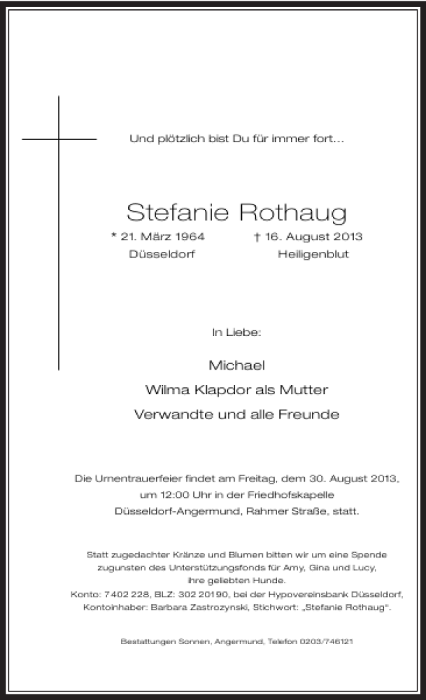  Traueranzeige für Stefanie Rothaug vom 26.08.2013 aus Rheinische Post