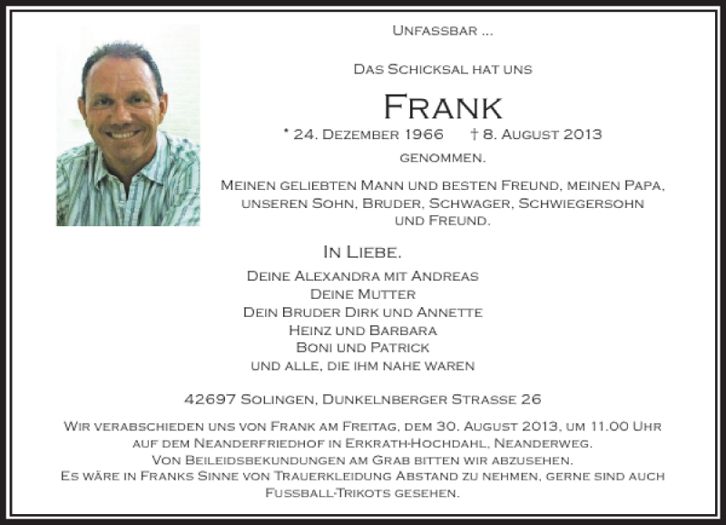  Traueranzeige für Frank Dickhausen vom 26.08.2013 aus Rheinische Post