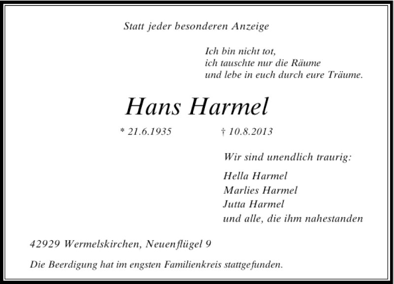  Traueranzeige für Hans Harmel vom 28.08.2013 aus Rheinische Post