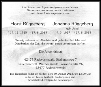Traueranzeige von Rüggeberg Johanna Rüggeberg Horst von Rheinische Post