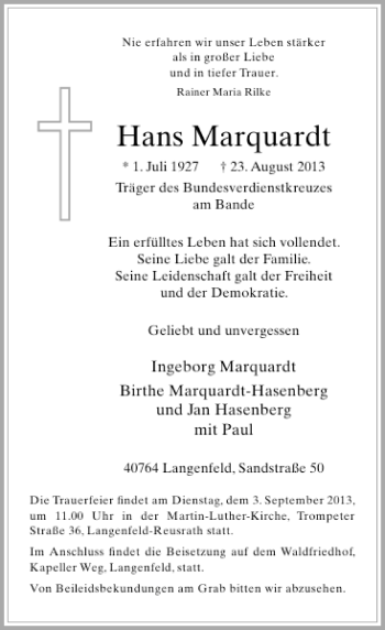 Traueranzeige von Hans Marquardt von Rheinische Post