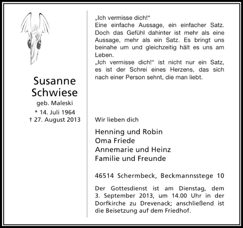  Traueranzeige für Susanne Schwiese vom 31.08.2013 aus Rheinische Post