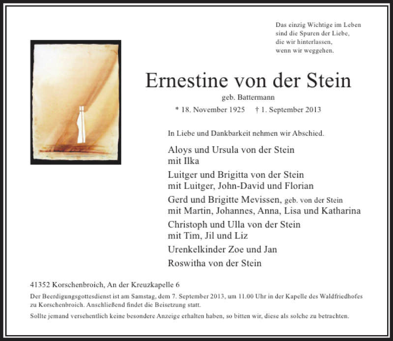  Traueranzeige für Ernestine von der Stein vom 05.09.2013 aus Rheinische Post