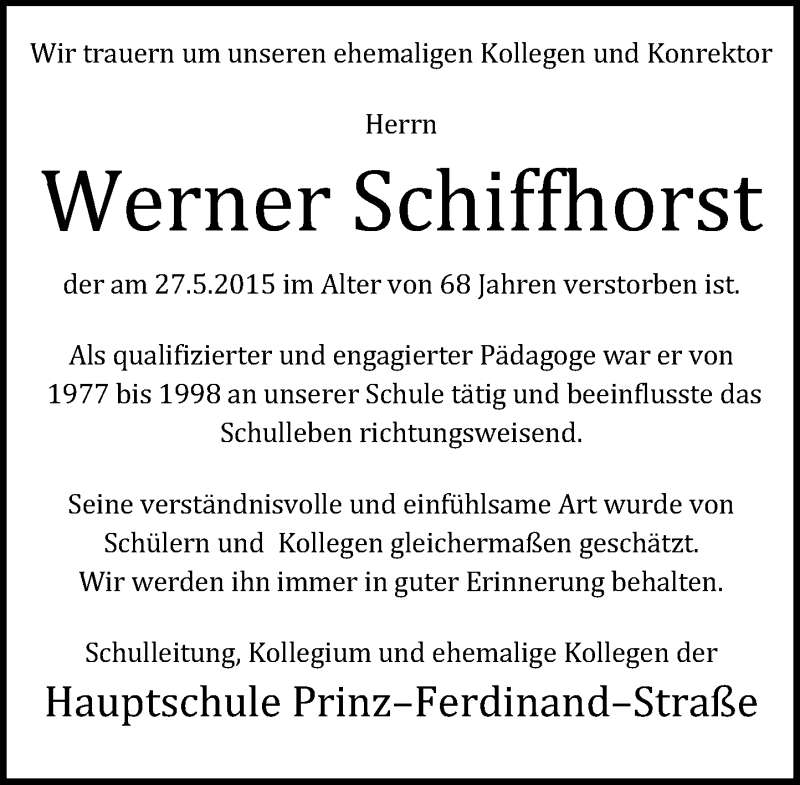  Traueranzeige für Werner Schiffhorst vom 10.06.2015 aus Rheinische Post
