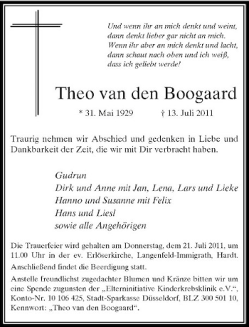 Traueranzeige von Theo van den Boogaard von Rheinische Post