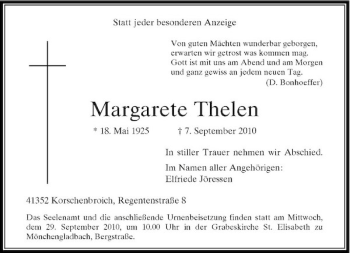 Traueranzeige von Margarete Thelen von Rheinische Post