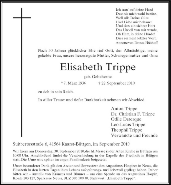 Traueranzeige von Elisabeth Trippe von Rheinische Post